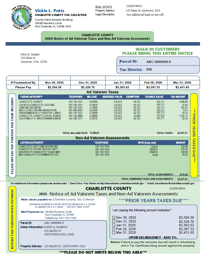 Sample Charlotte County Notice of Ad Valorem Taxes and Non-Ad Valorem Assessments showing property owner information, payment due dates with discount amounts, a table of taxing authorities with millage rates and tax amounts, and a detachable payment stub at the bottom.