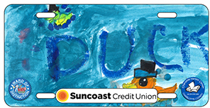 2024-2025 - 24-CH-CHC-005 - Charlotte Harbor - Award of Distinction - License plate design showing the word Duck formed with paintbrush strokes in teal and blue watercolor style