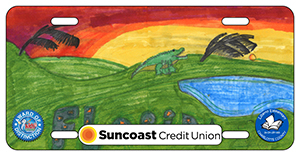 2024-2025 - 24-CH-LBY-003 - Liberty Elementary - Award of Distinction - License plate design featuring a bright green and red parrot among tropical flowers and foliage