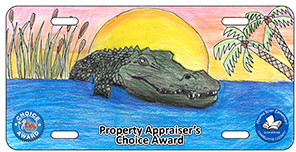 2024-2025 - 24-CH-MYK-002 - Myakka River Elementary - Property Appraiser Choice Award - License plate design featuring a green alligator in a marsh with reeds and a sunset sky