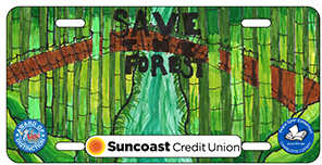 2024-2025 - 24-CH-PRV-002 - Peace River - Award of Distinction - License plate design showing a lush green forest with tall trees and the words Save the Forest in natural lettering