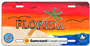 2024-2025 - 24-CH-SJN-005 - Vineland Elementary - Award of Distinction - License plate design featuring bold colorful Florida lettering with a tropical palm tree and bright orange sky